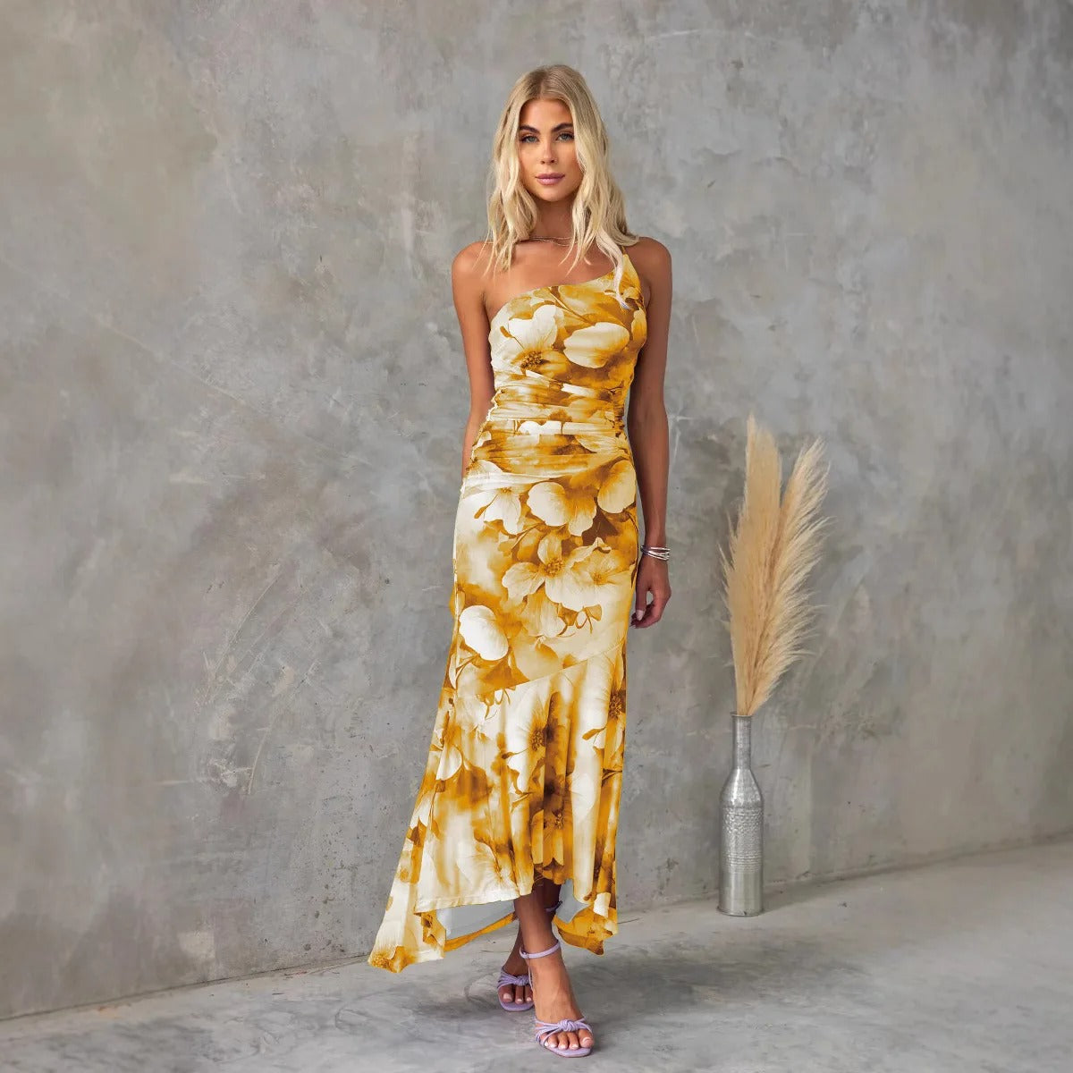 Nimue - One Shoulder Short Sleeve Ruffle Dress