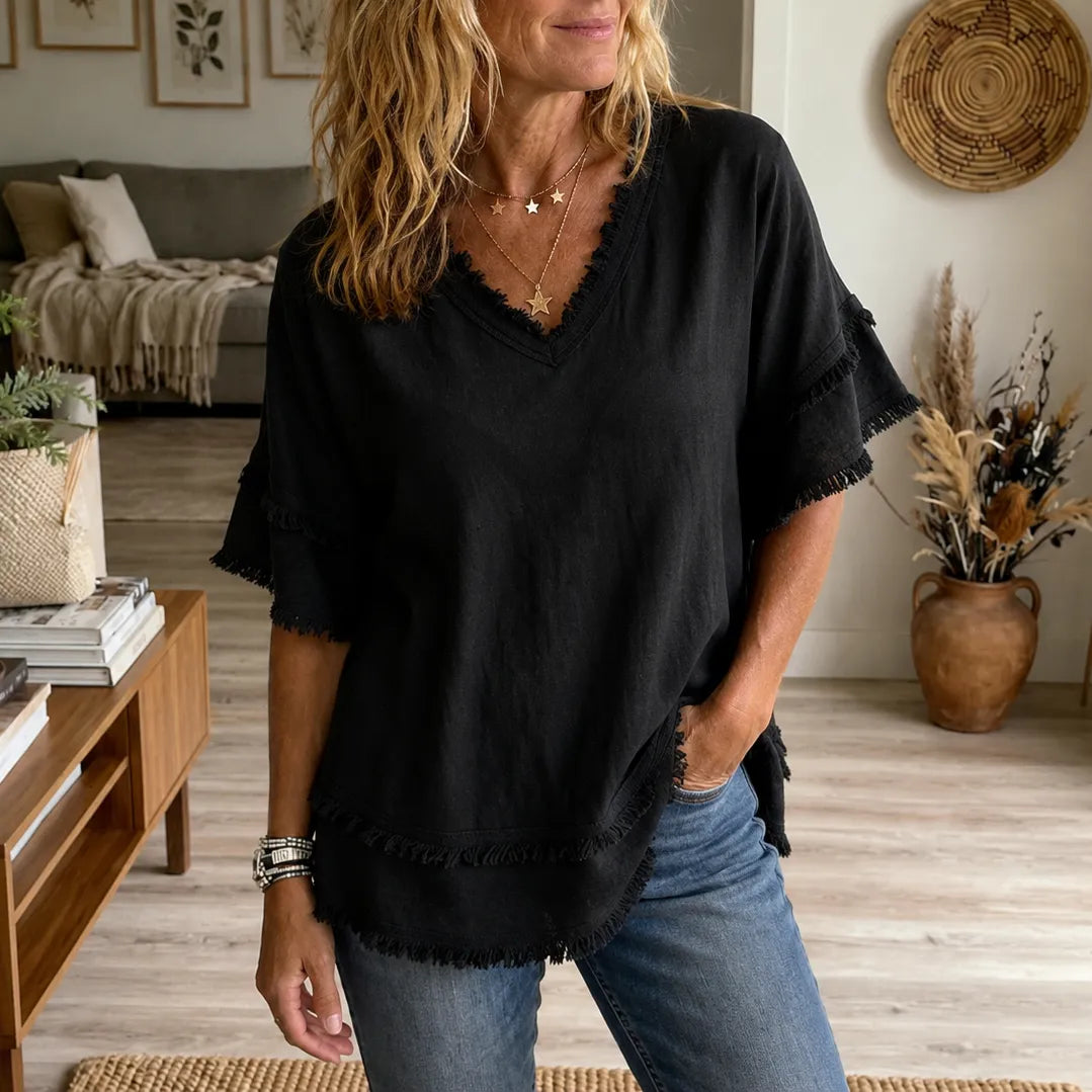 Lorelei – Boho Frayed-Trim V-Neck Tee for Women, Loose Tummy-Hiding Fit