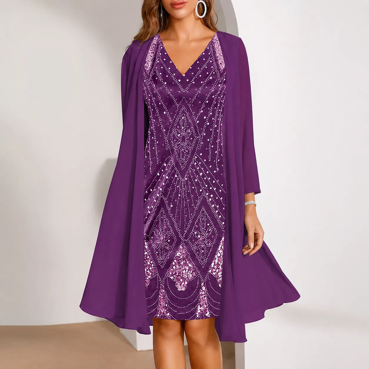 Elyssia – Two-Piece Sequin Dress with Sheer Chiffon Look Jacket