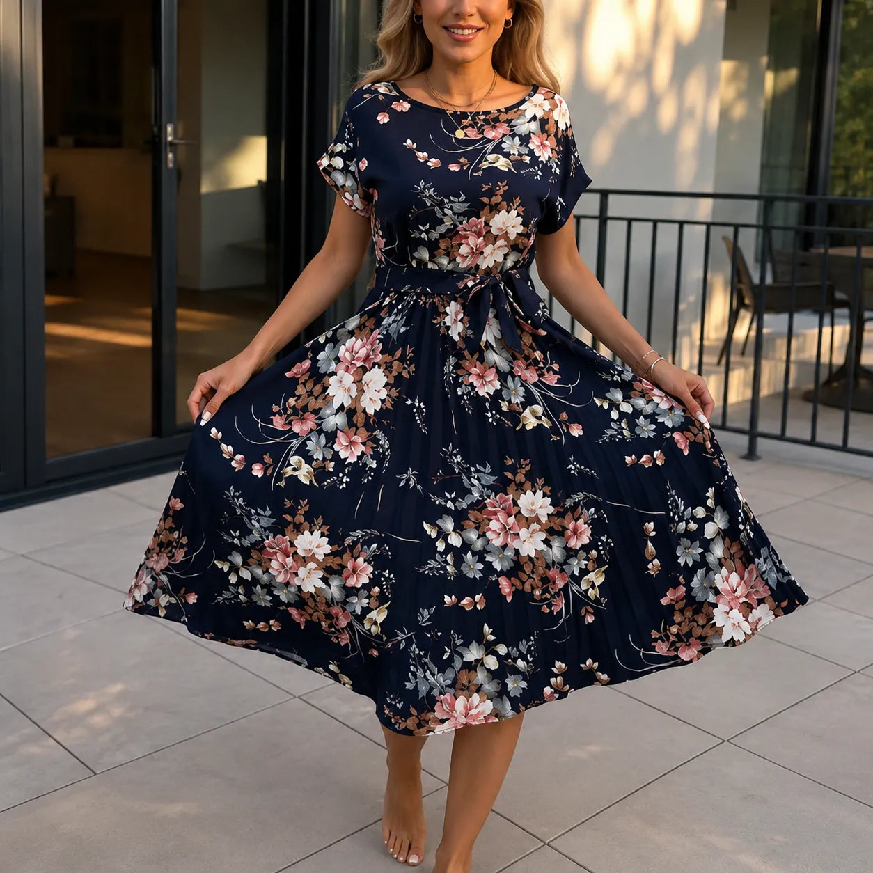 Florenza – Floral Pleated Midi Dress with Tie Waist and Flutter Sleeves