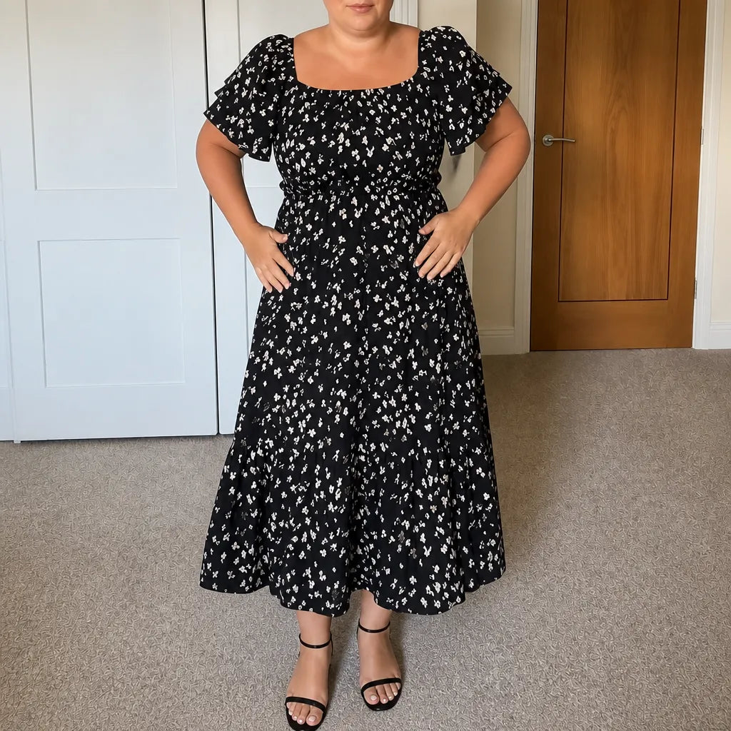 Florenza – Square Neck Floral Midi Dress with Smocked Bodice & Tiered Skirt