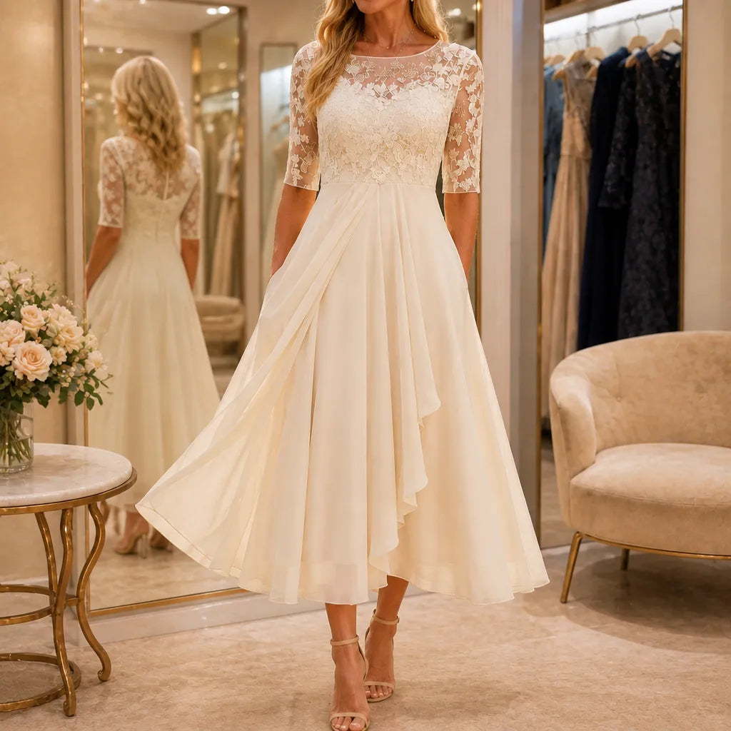 Elarose – Embroidered Lace Bodice Midi Dress for Weddings