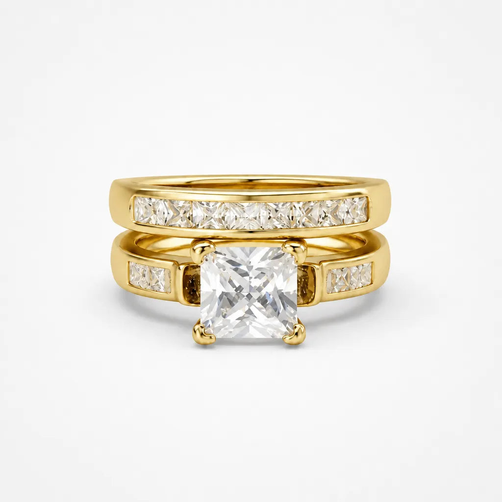 Aurelys – Matching 2-Piece Cubic Zirconia Ring Set, Princess-Cut Stackable Bridal Style, Gold or Silver Tone
