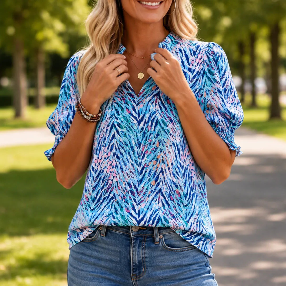 Elowen – Women's V-Neck Puff Sleeve Blouse with Smocked Cuffs, Flowy Floral Top