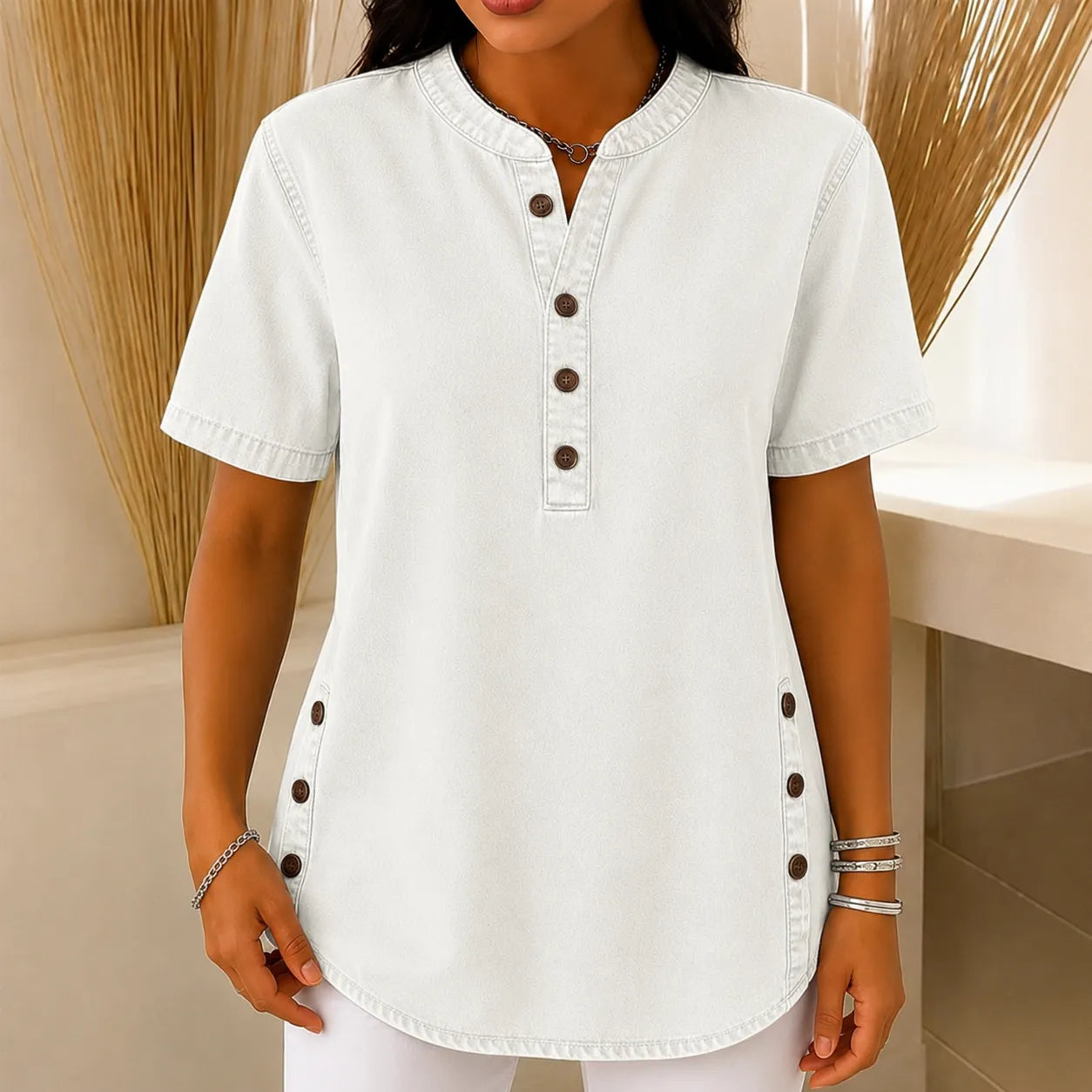 Avelyn – Henley Tunic Top with Side Buttons for Women