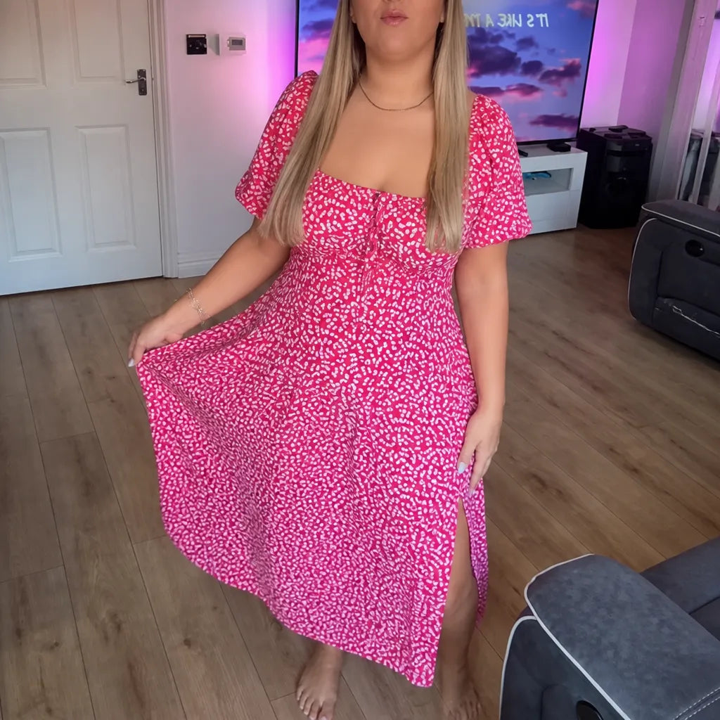 Florenza – Floral Midi Dress with Smocked Bodice and Side Slit