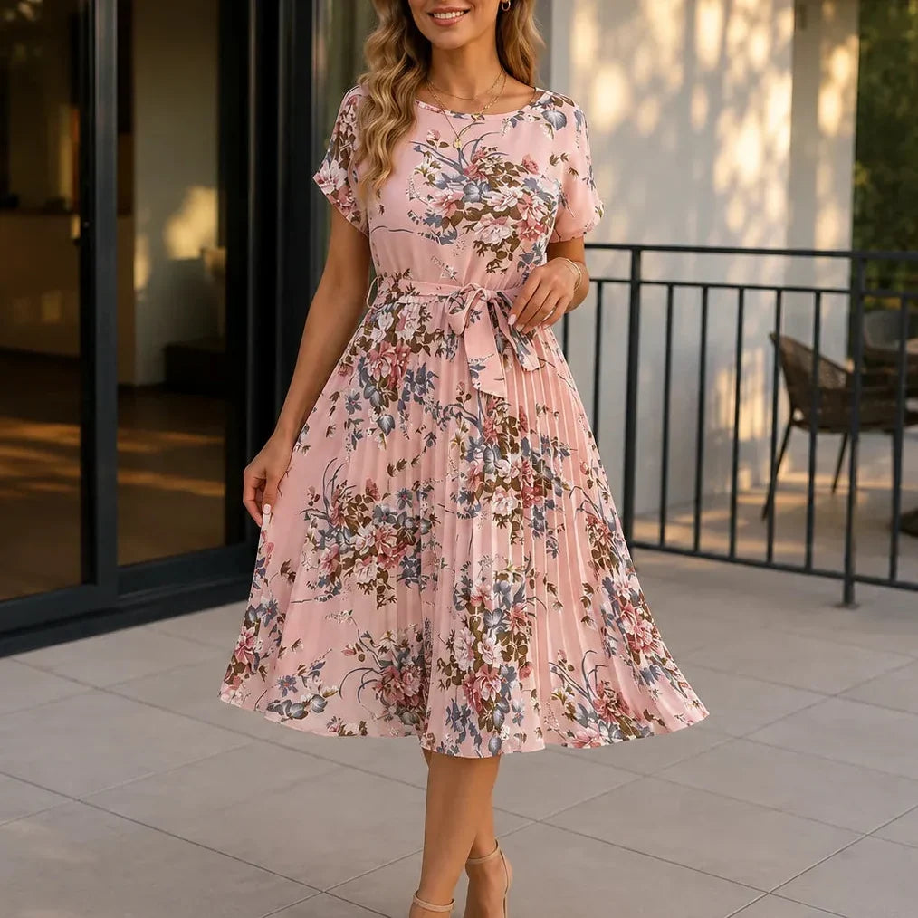 Florenza – Floral Pleated Midi Dress with Tie Waist and Flutter Sleeves