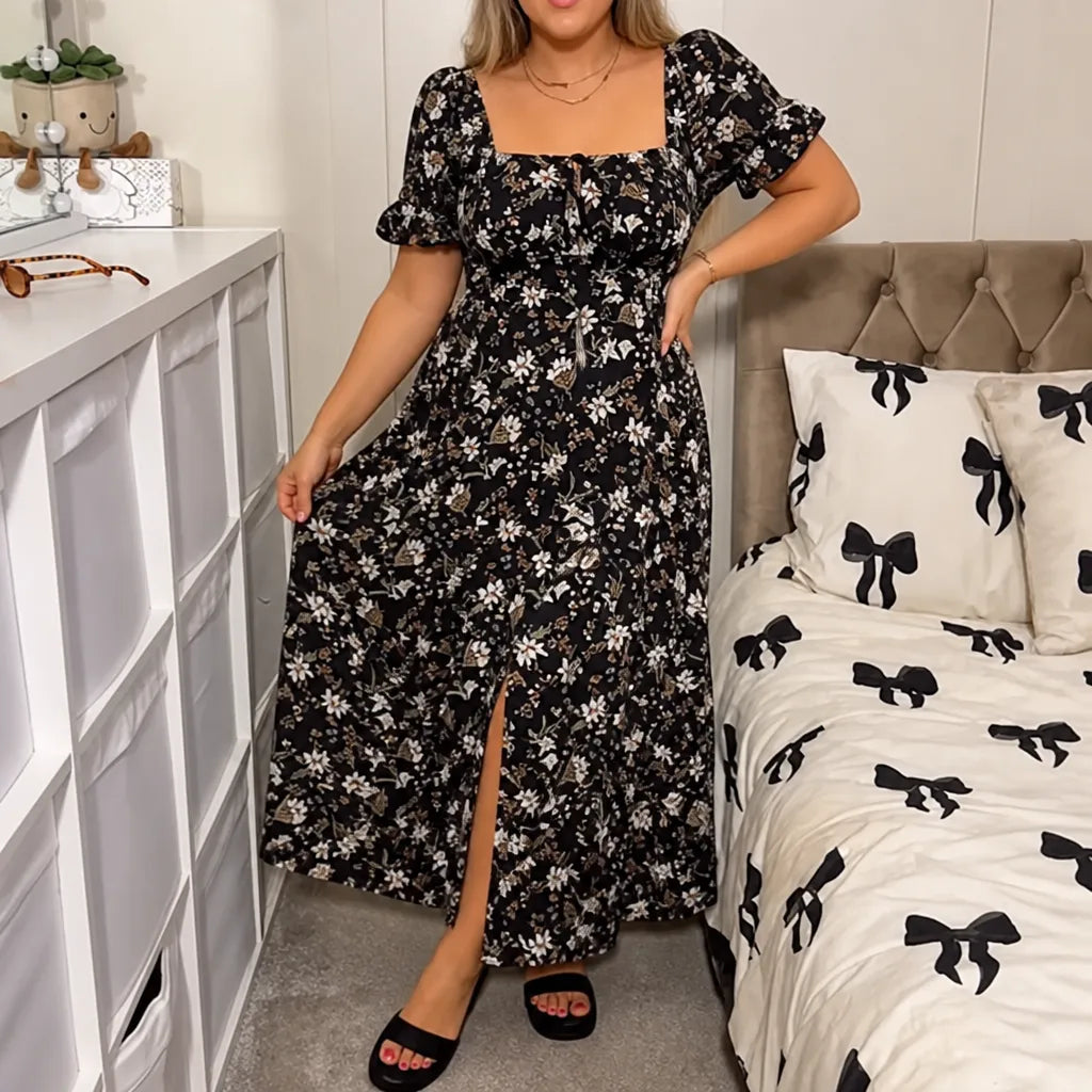 Florenza – Floral Midi Dress with Smocked Bodice and Side Slit