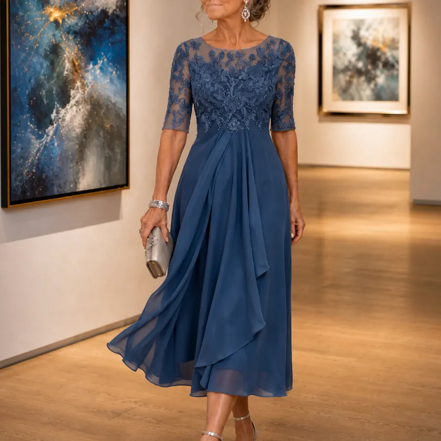 Elarose – Embroidered Lace Bodice Midi Dress for Weddings
