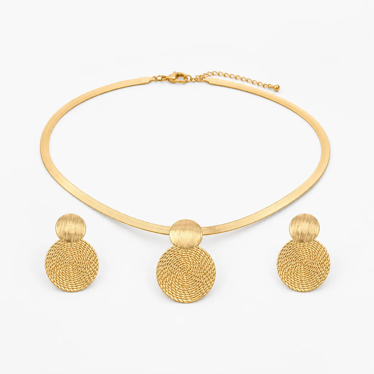 Aurenza – Gold necklace and earring set, textured medallion, flat snake chain