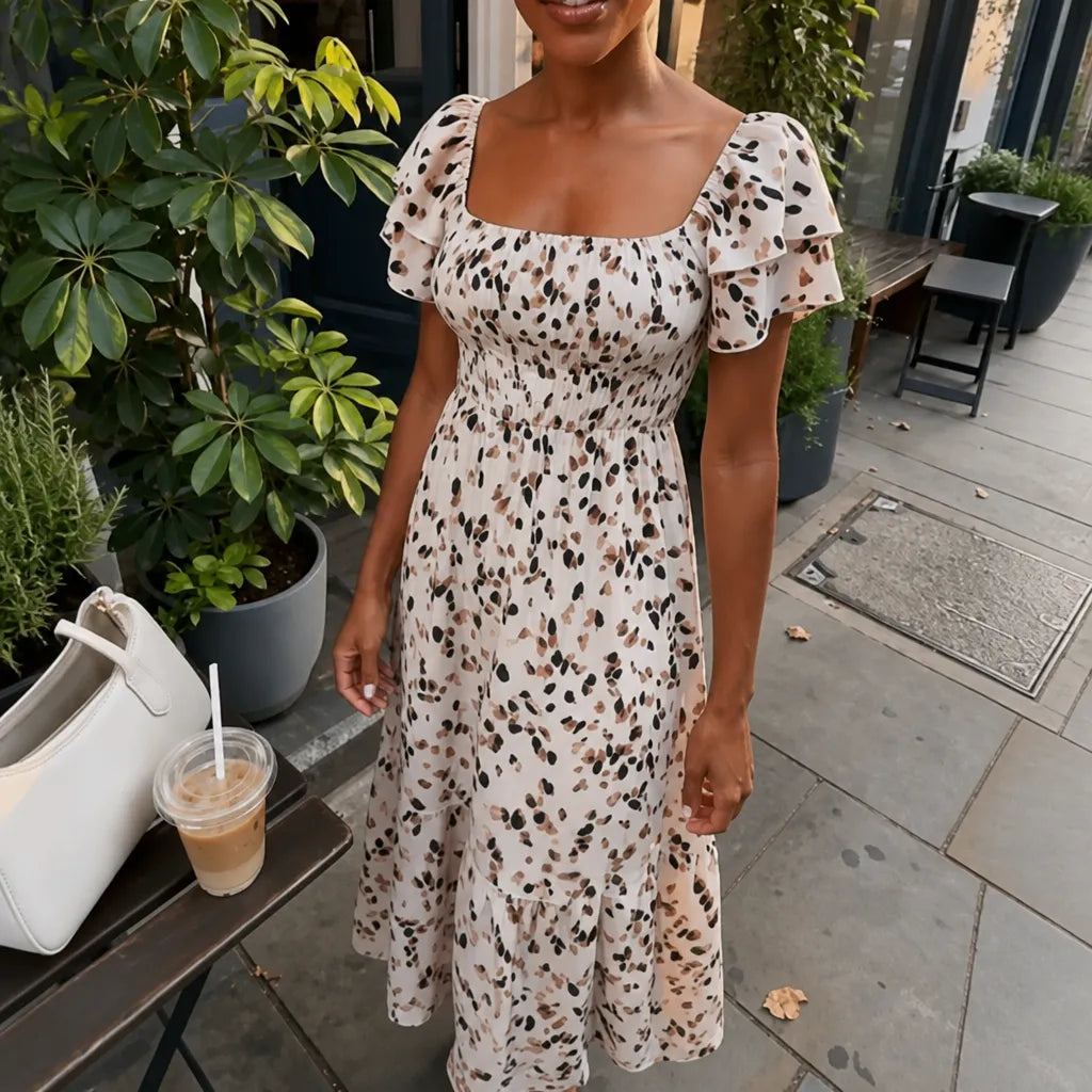 Florenza – Square Neck Floral Midi Dress with Smocked Bodice & Tiered Skirt
