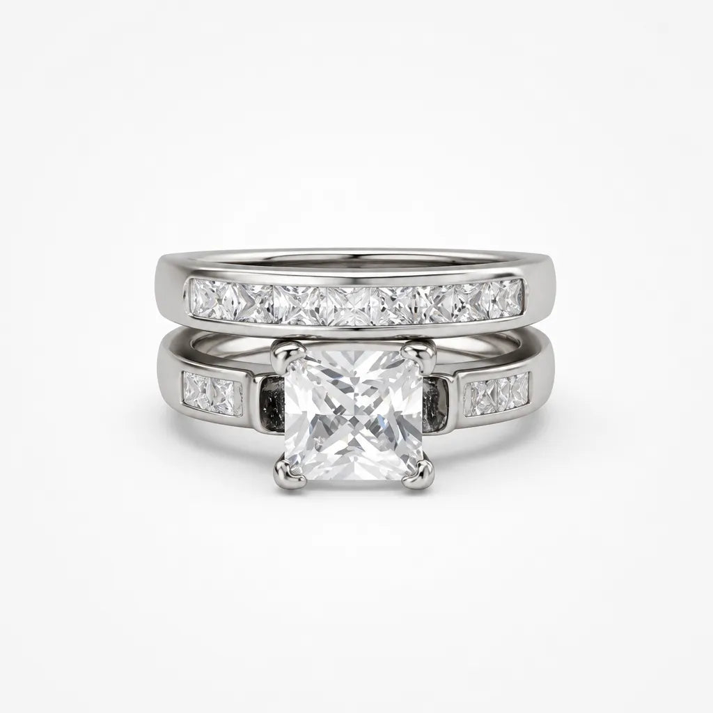 Aurelys – Matching 2-Piece Cubic Zirconia Ring Set, Princess-Cut Stackable Bridal Style, Gold or Silver Tone