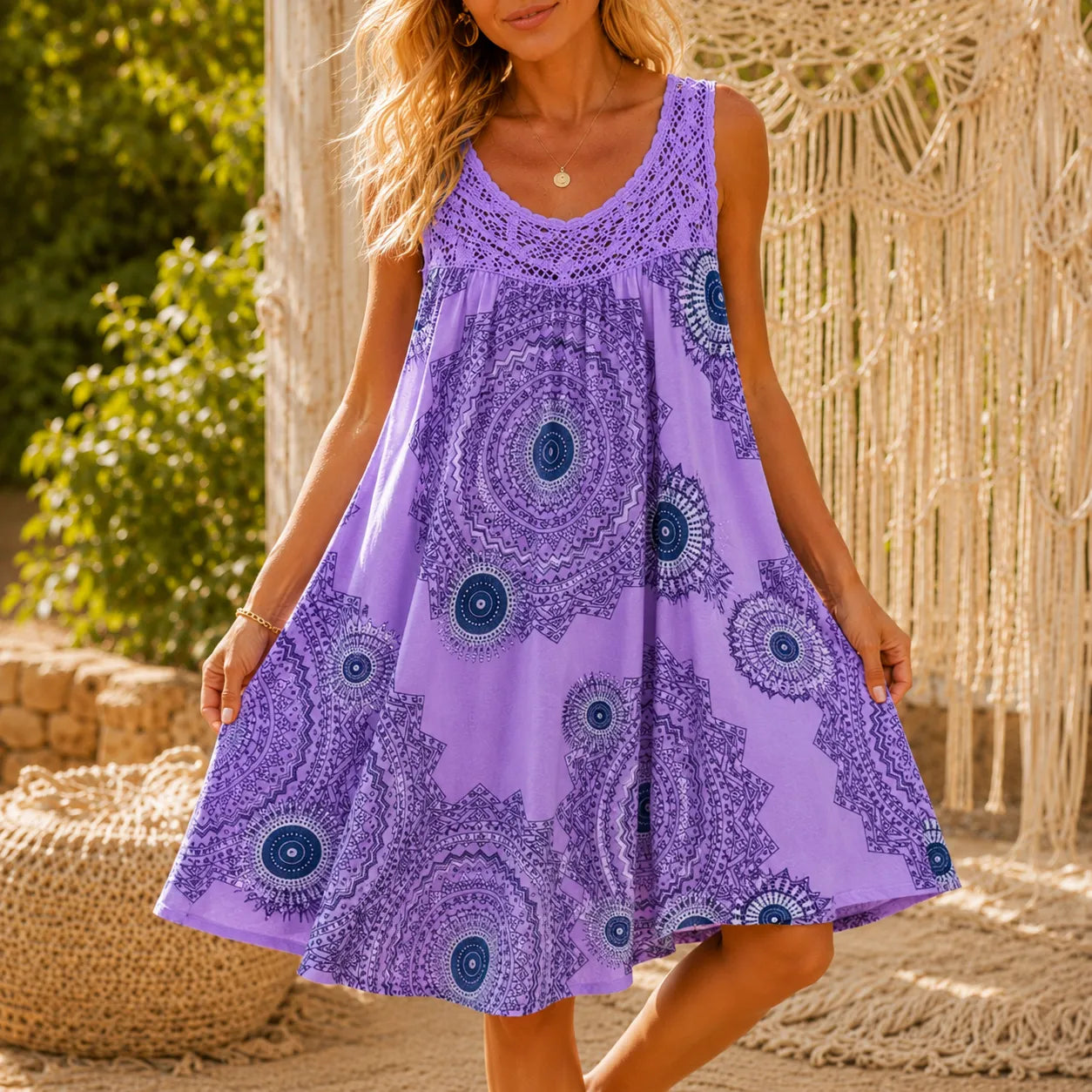 Islora – Sleeveless Lace Look-Yoke Summer Dress