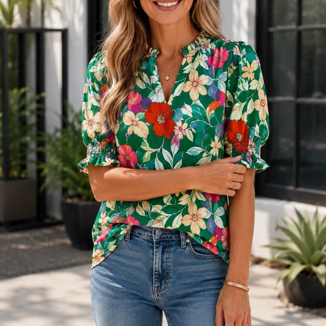 Elowen – Women's V-Neck Puff Sleeve Blouse with Smocked Cuffs, Flowy Floral Top
