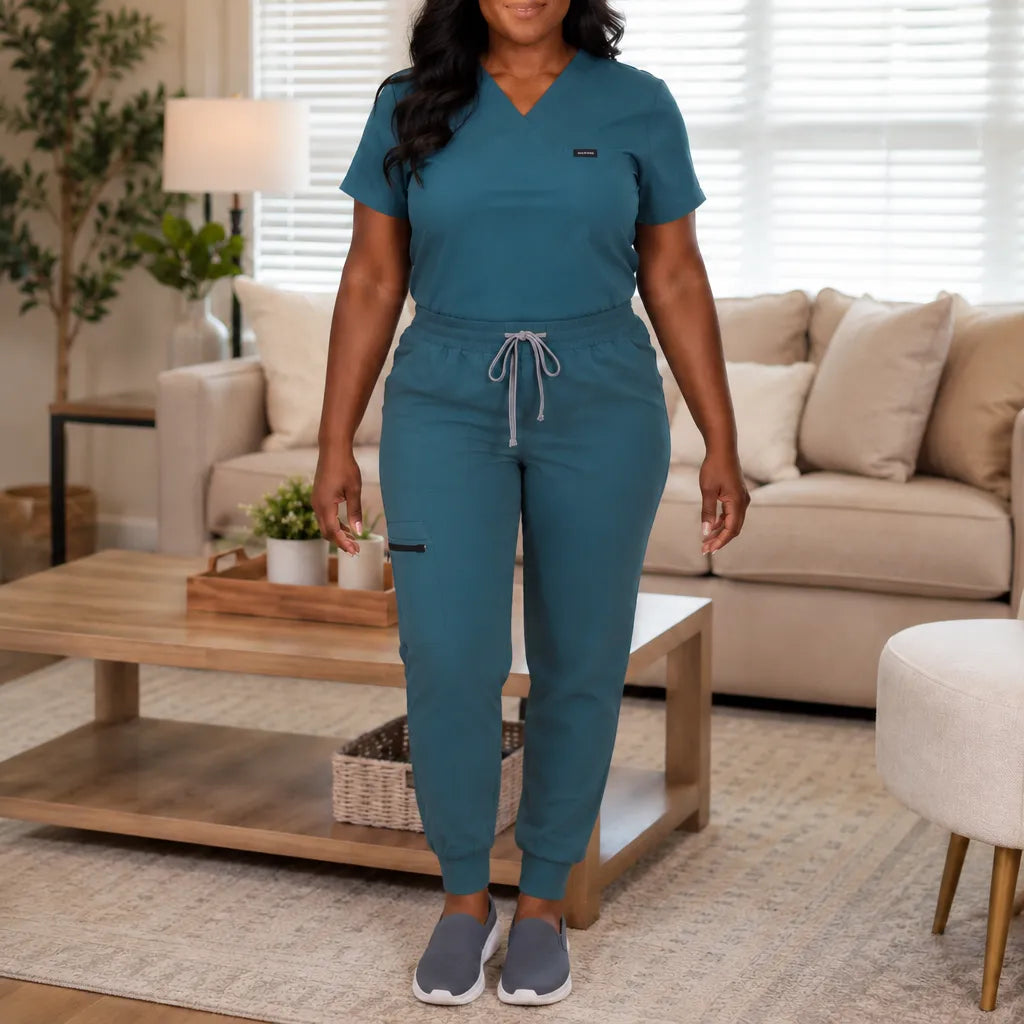 Corelle – V-Neck Jogger Scrub Set with Drawstring Waist and Pockets