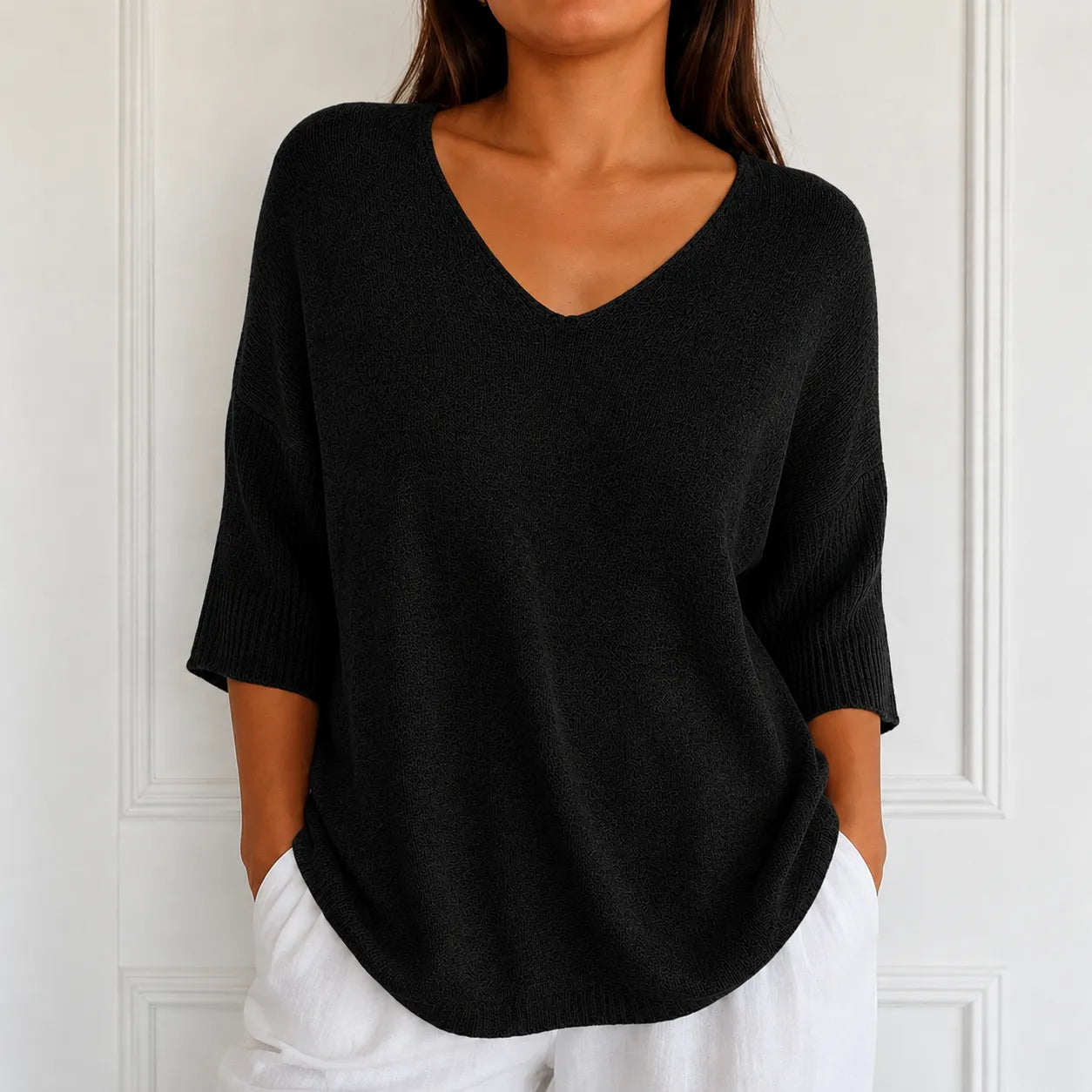Elowyn – Soft V-Neck Knit Tunic Top for Women, Loose Drape