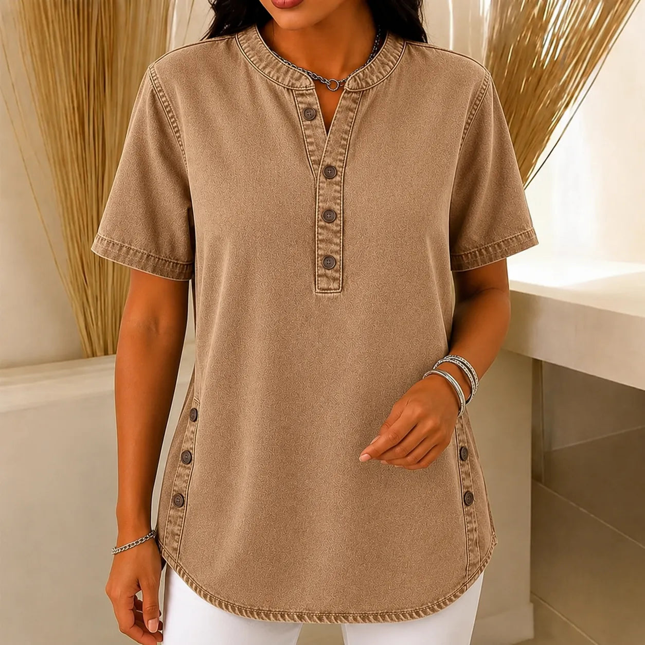 Avelyn – Henley Tunic Top with Side Buttons for Women