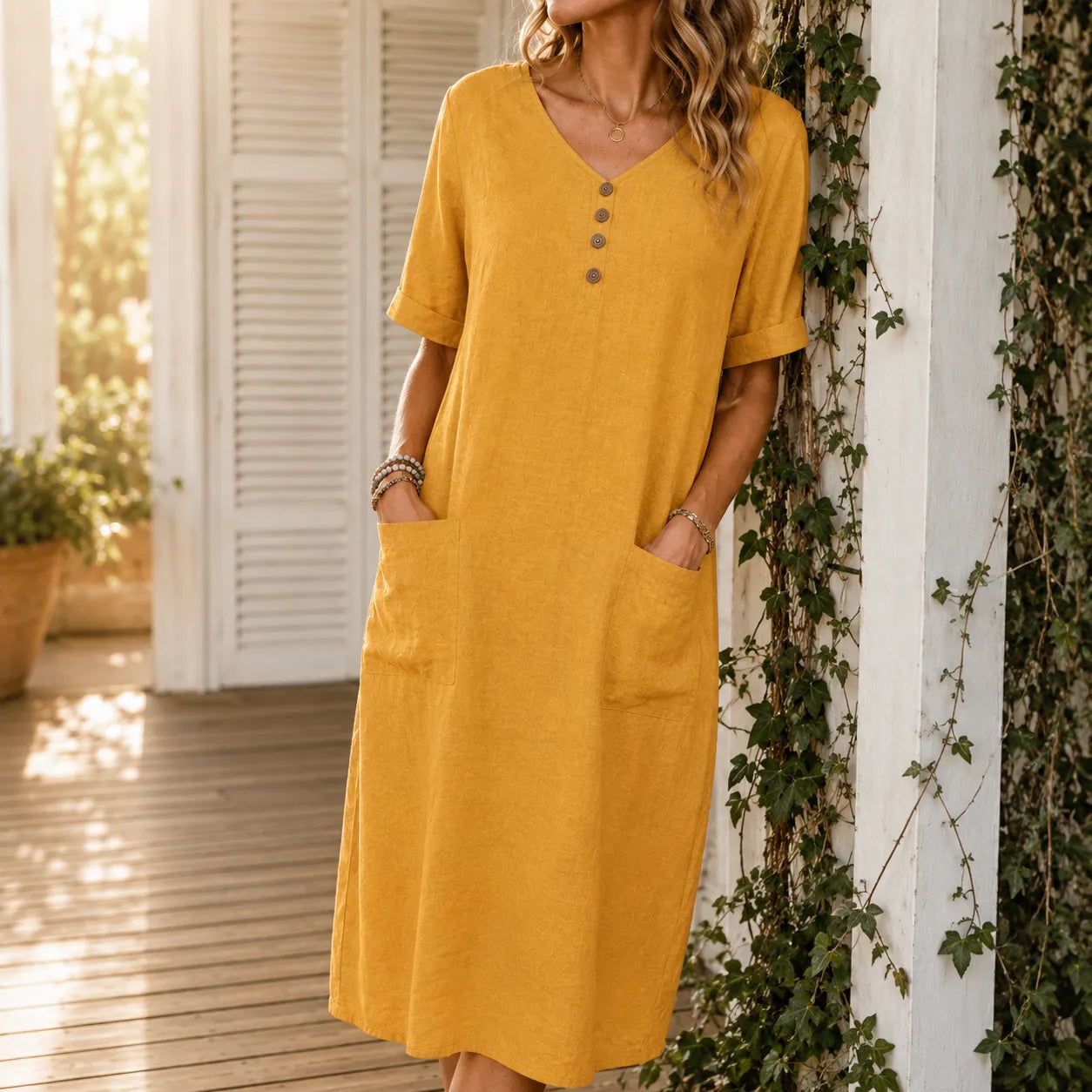 Lorelane – Relaxed V-Neck Midi Dress with Pockets for Women