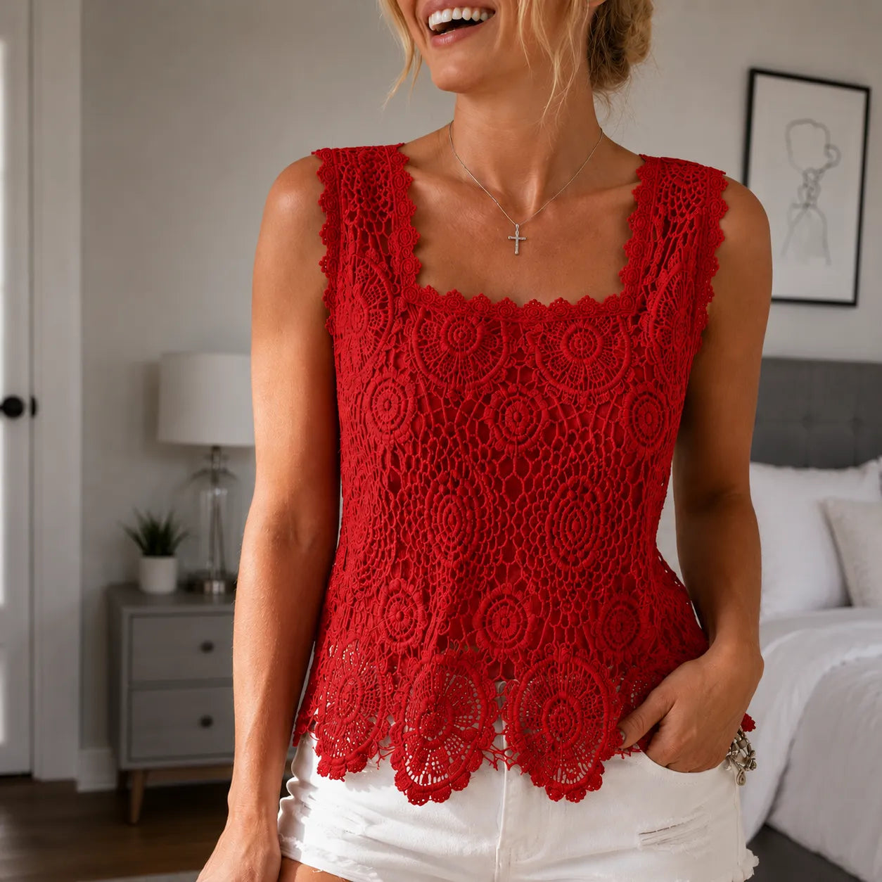 Florelle – Crochet Lace Like Square Neck Tank Top for Summer