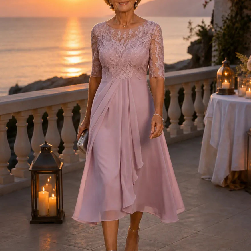 Elarose – Embroidered Lace Bodice Midi Dress for Weddings