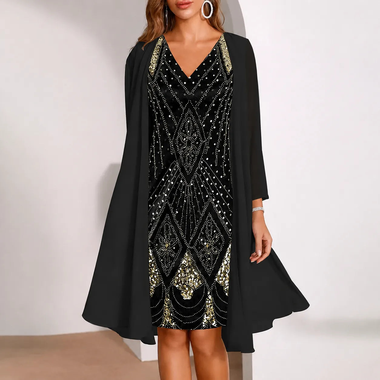 Elyssia – Two-Piece Sequin Dress with Sheer Chiffon Look Jacket