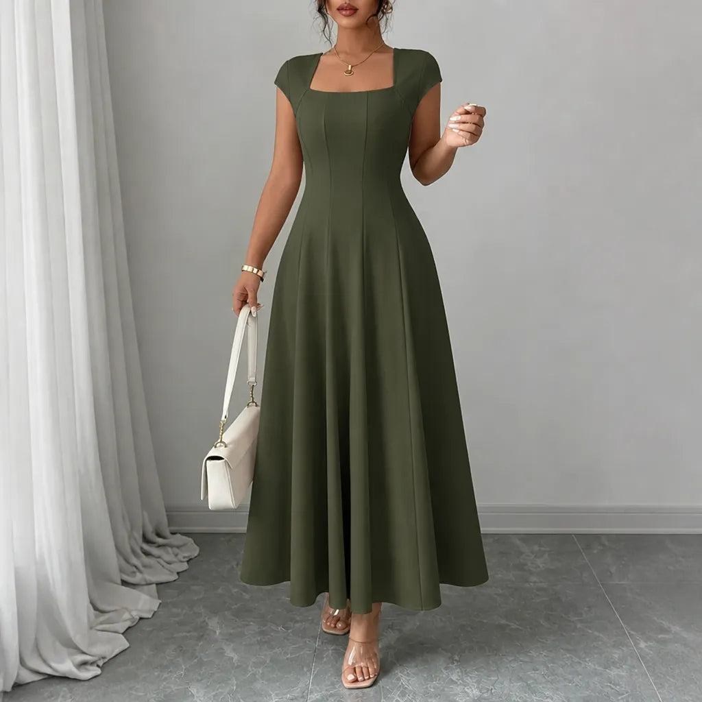 Elowyn – Square Neck A-Line Midi Dress with Sculpted Waist