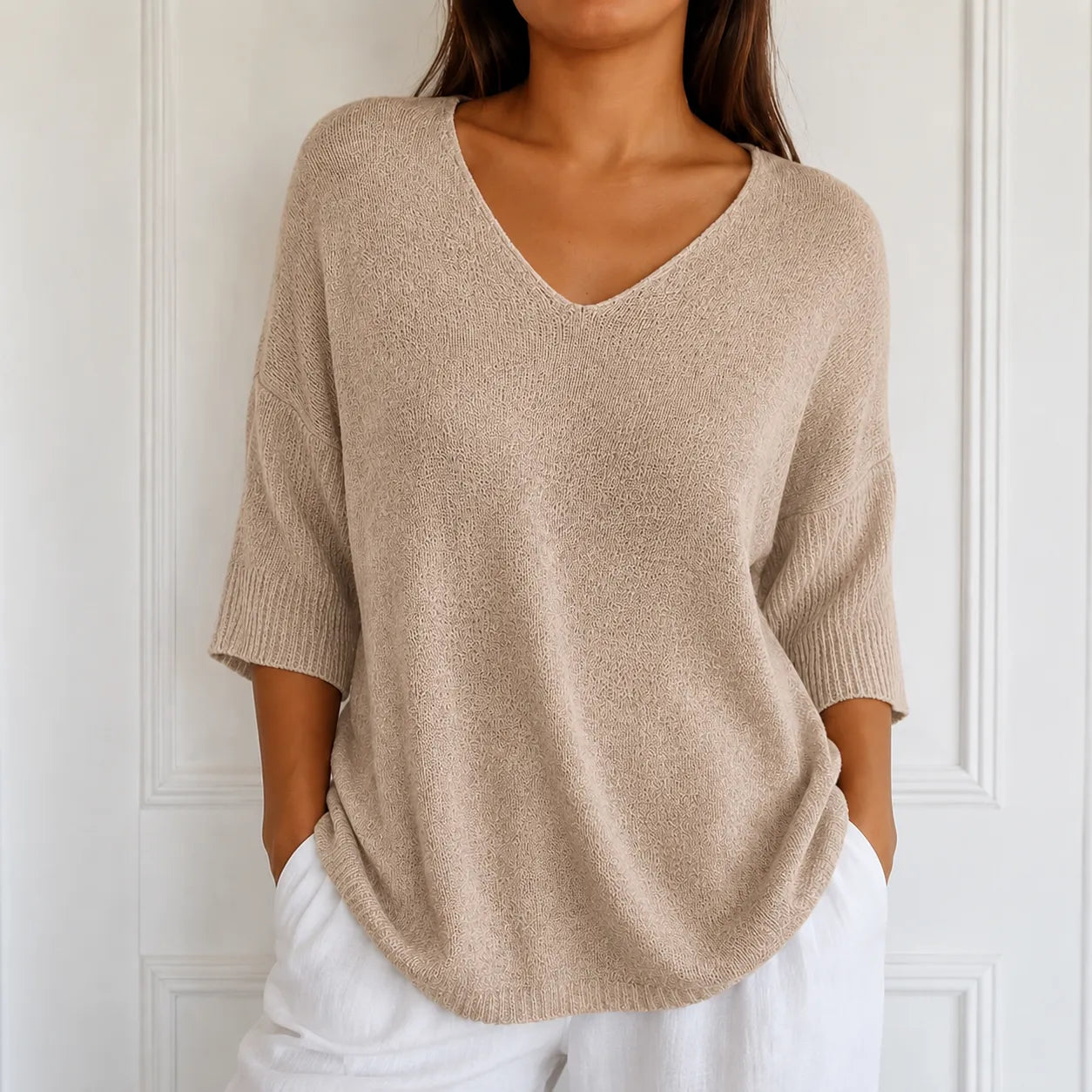 Elowyn – Soft V-Neck Knit Tunic Top for Women, Loose Drape