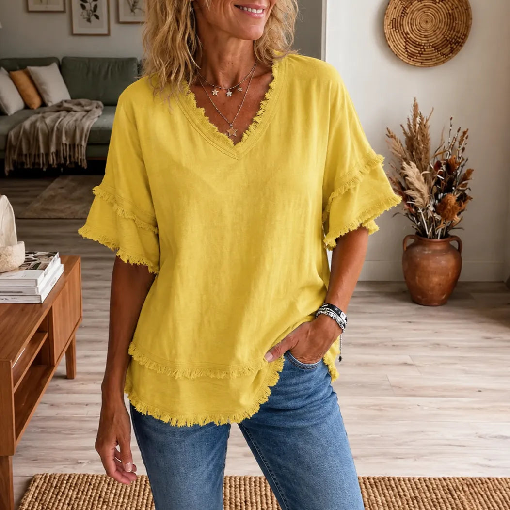 Lorelei – Boho Frayed-Trim V-Neck Tee for Women, Loose Tummy-Hiding Fit