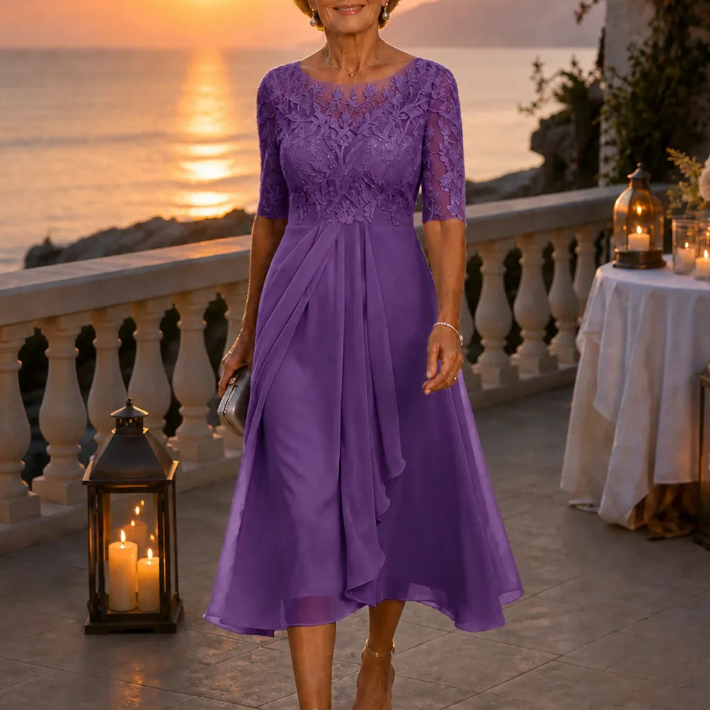 Elarose – Embroidered Lace Bodice Midi Dress for Weddings