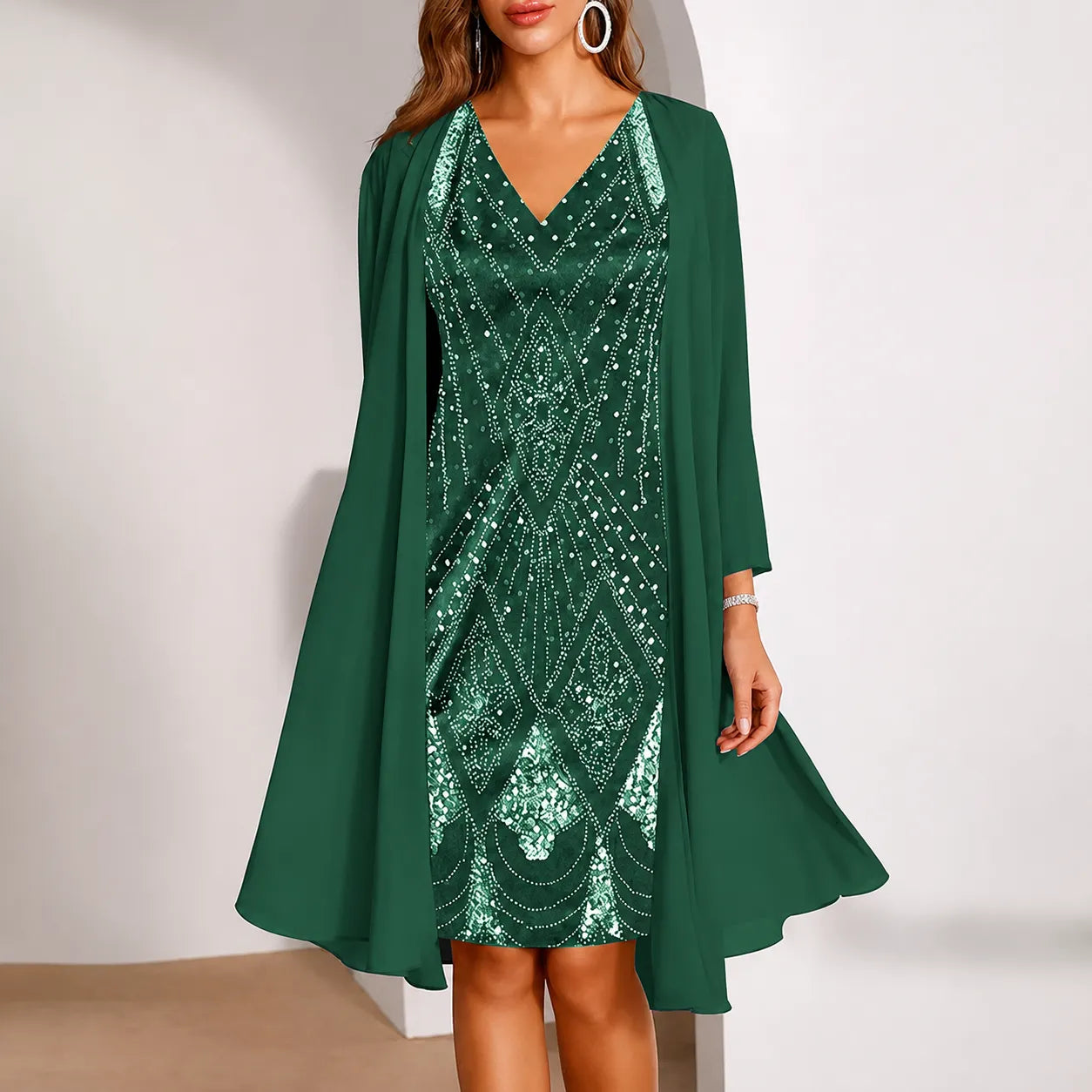 Elyssia – Two-Piece Sequin Dress with Sheer Chiffon Look Jacket