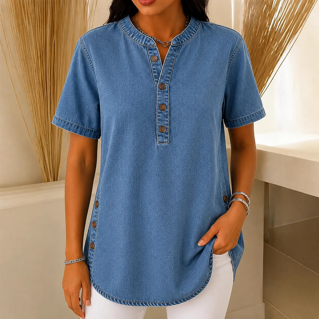 Avelyn – Henley Tunic Top with Side Buttons for Women