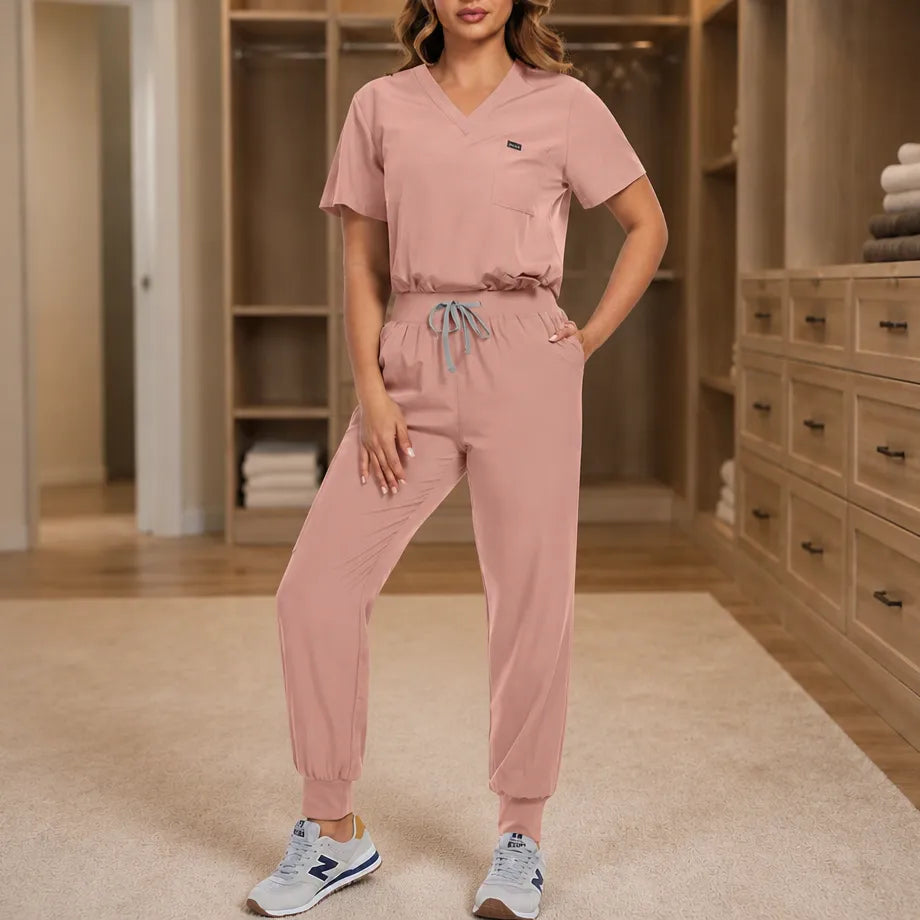 Corelle – V-Neck Jogger Scrub Set with Drawstring Waist and Pockets