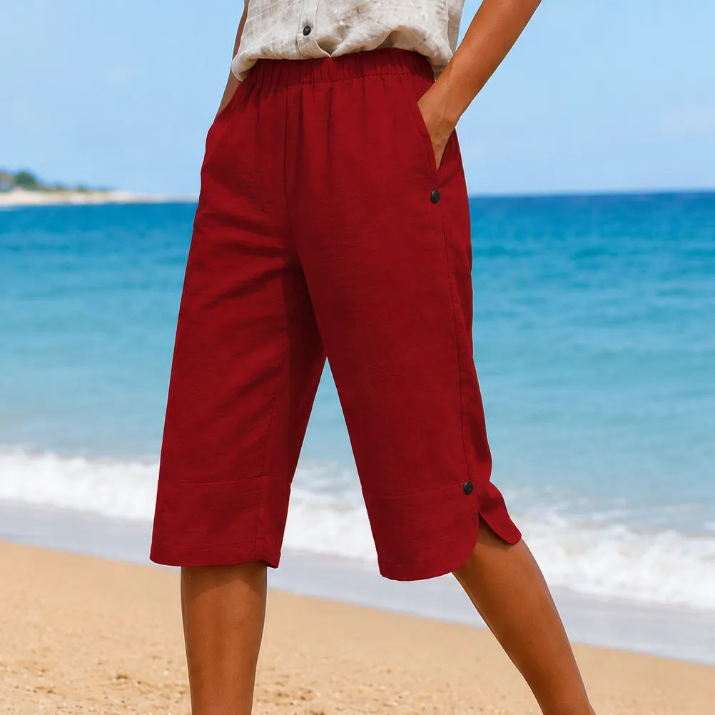 Brisana – Lightweight Linen-Look Capri Pants for Women Soft Elastic Waist