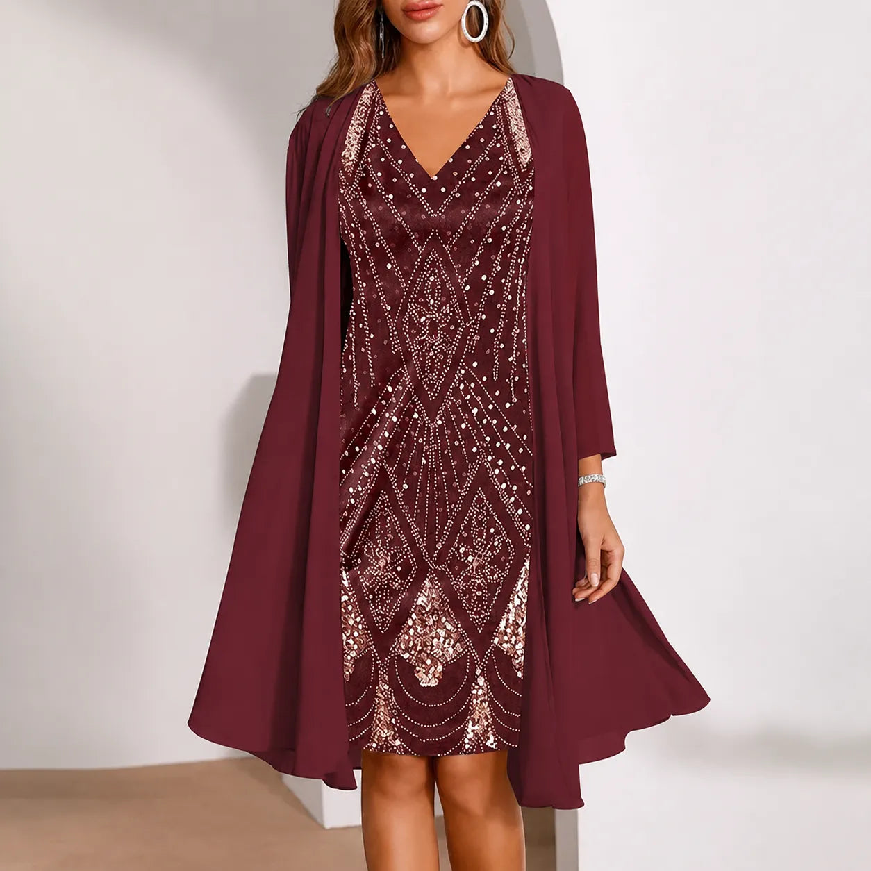Elyssia – Two-Piece Sequin Dress with Sheer Chiffon Look Jacket