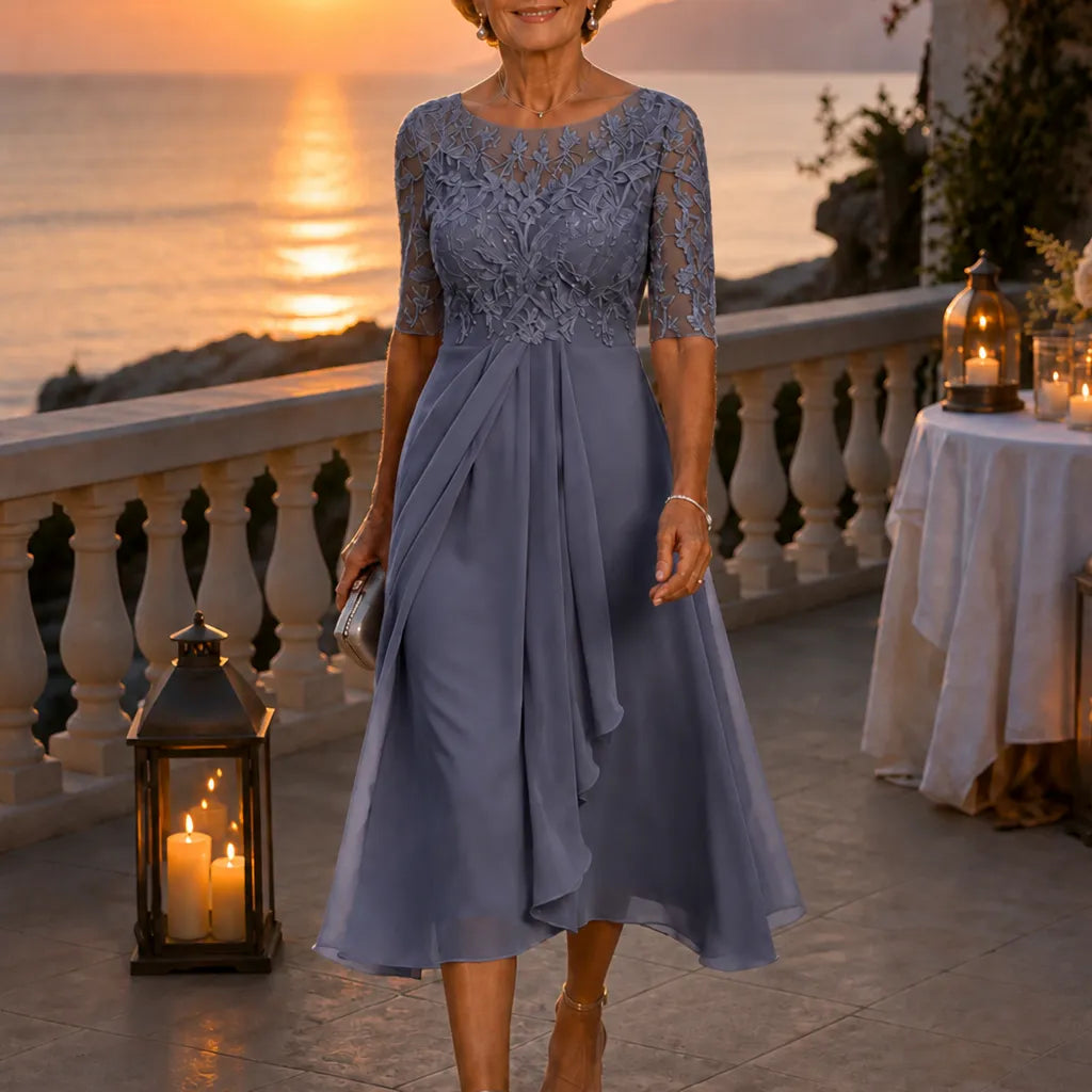Elarose – Embroidered Lace Bodice Midi Dress for Weddings