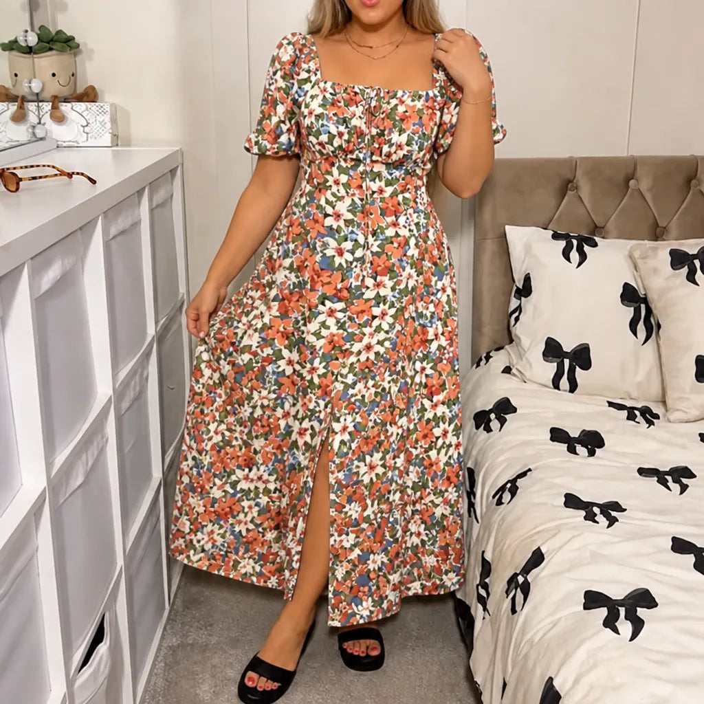 Florenza – Floral Midi Dress with Smocked Bodice and Side Slit