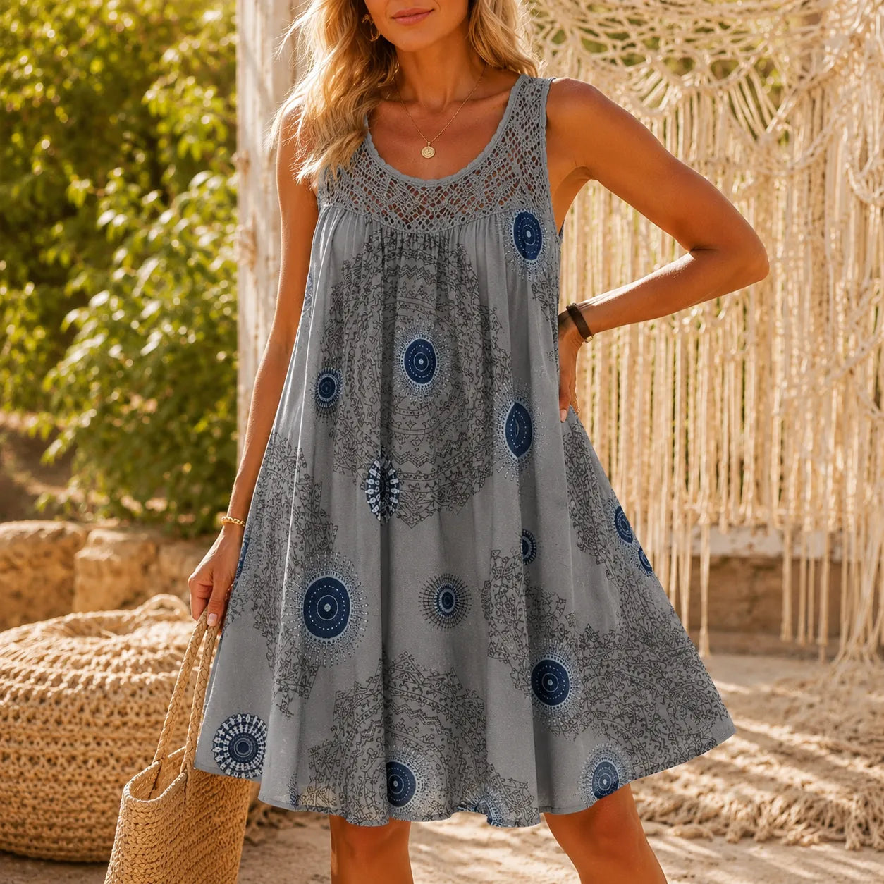 Islora – Sleeveless Lace Look-Yoke Summer Dress