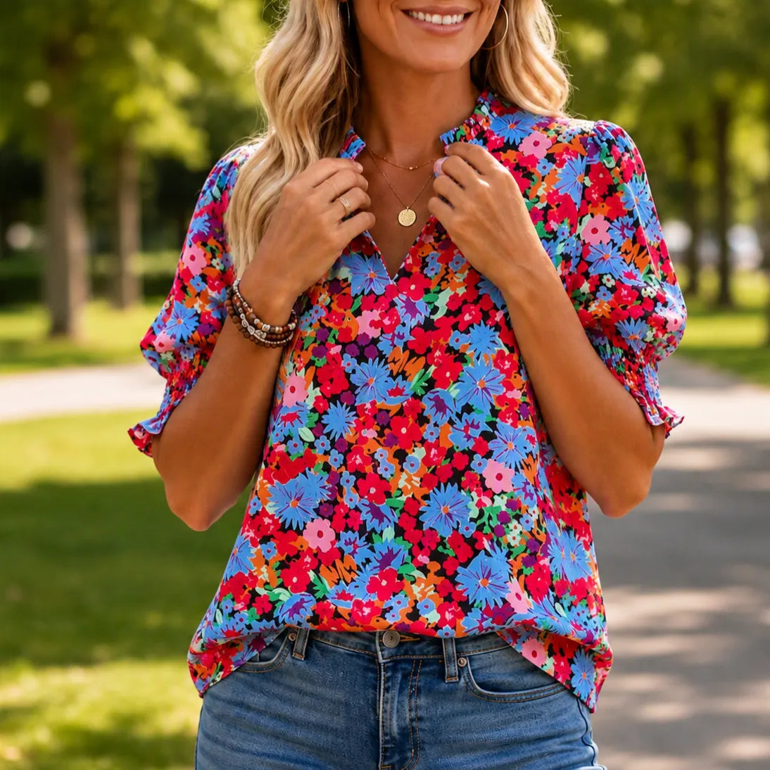 Elowen – Women's V-Neck Puff Sleeve Blouse with Smocked Cuffs, Flowy Floral Top