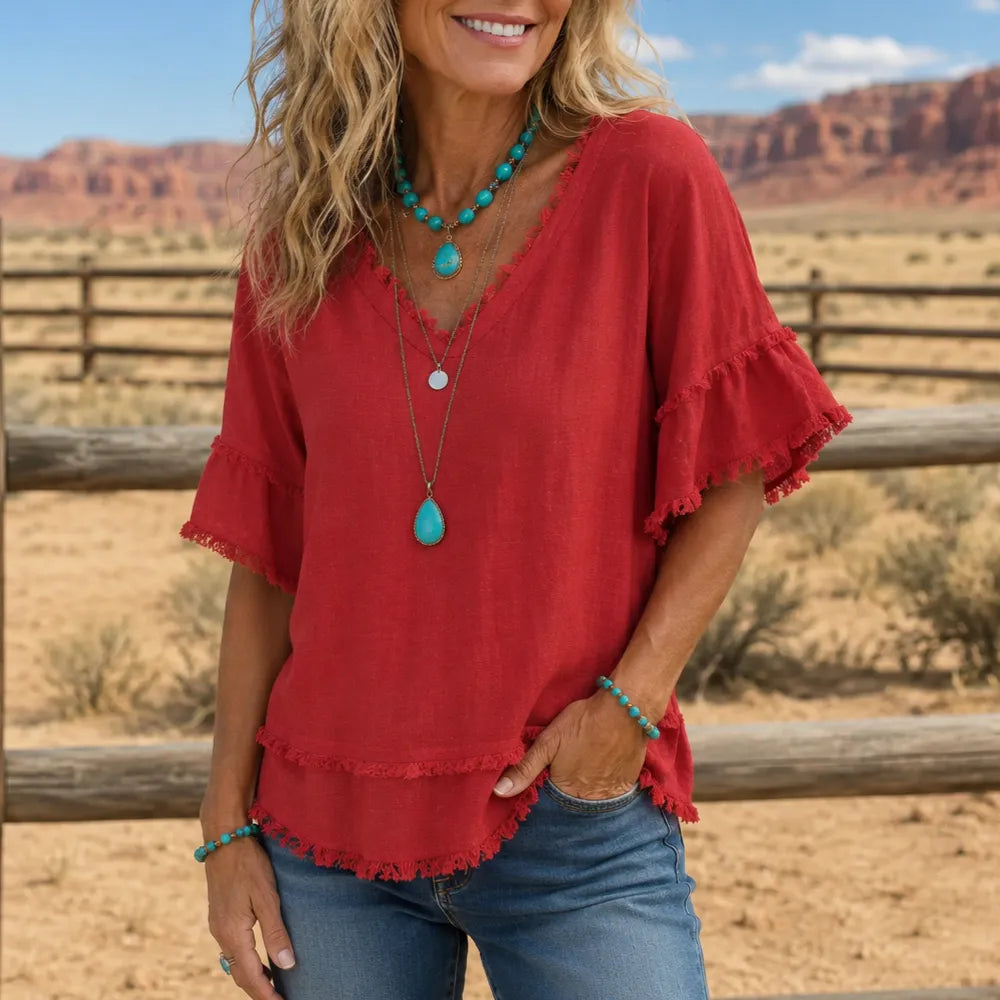 Lorelei – Boho Frayed-Trim V-Neck Tee for Women, Loose Tummy-Hiding Fit