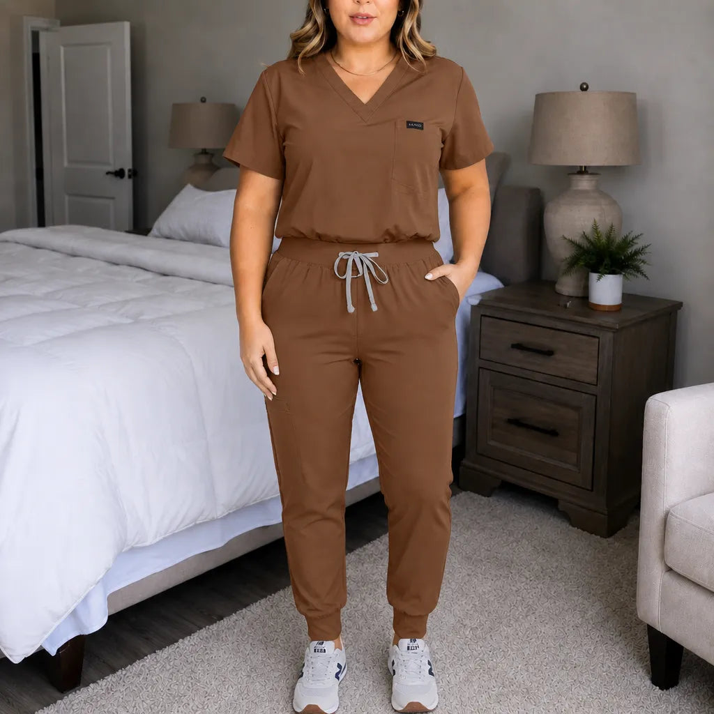 Corelle – V-Neck Jogger Scrub Set with Drawstring Waist and Pockets