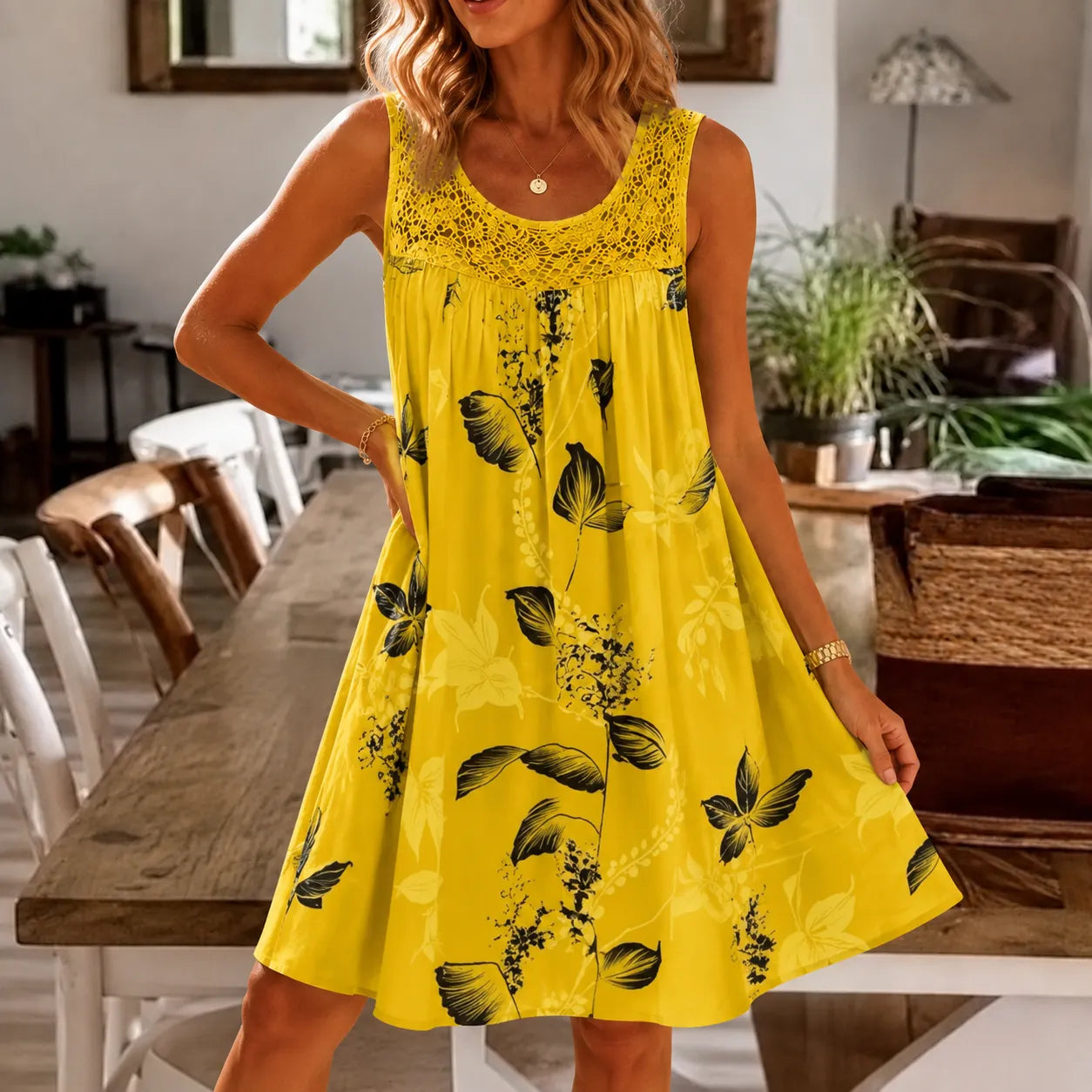 Islora – Sleeveless Lace Look-Yoke Summer Dress