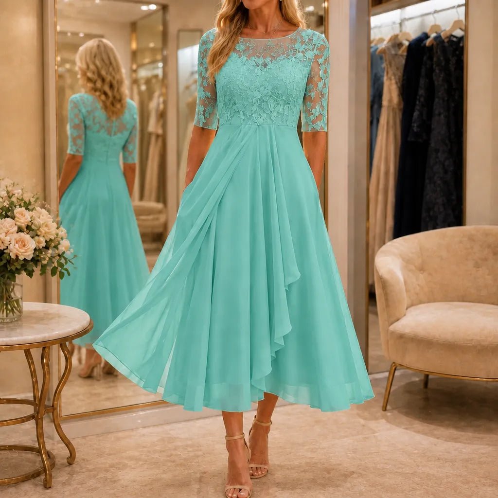 Elarose – Embroidered Lace Bodice Midi Dress for Weddings
