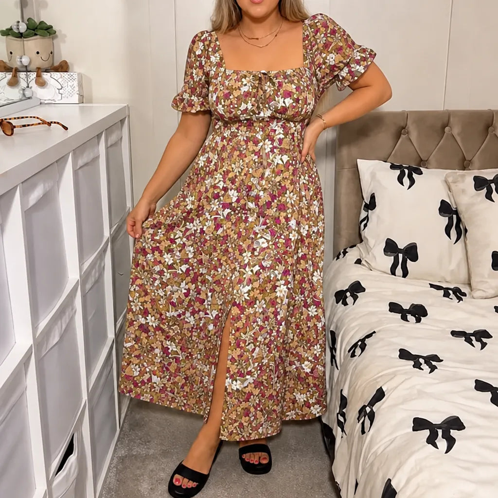 Florenza – Floral Midi Dress with Smocked Bodice and Side Slit