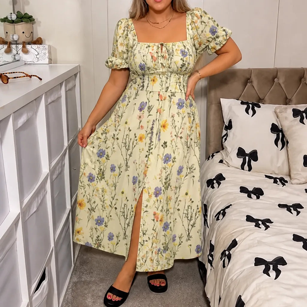 Florenza – Floral Midi Dress with Smocked Bodice and Side Slit