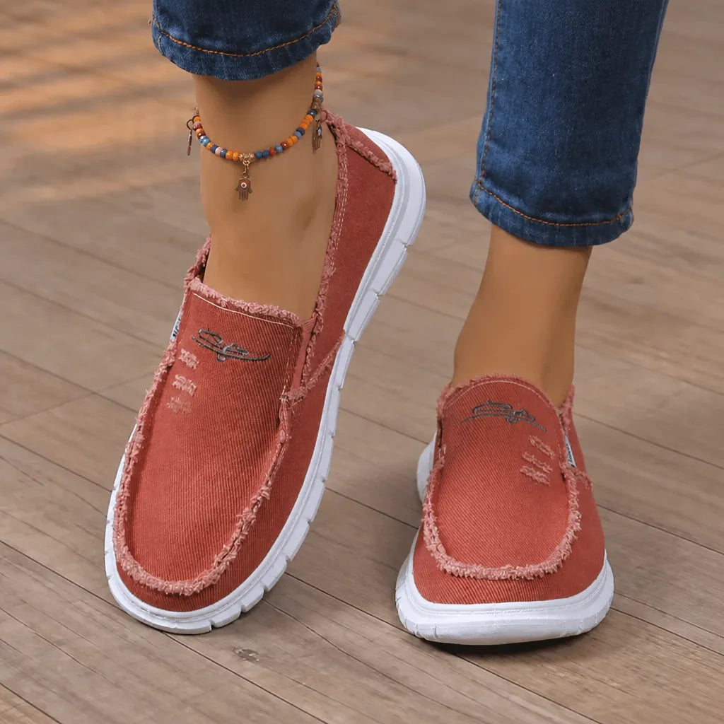 Breeza – Women's Distressed Canvas Slip-On Loafers with Frayed Edges