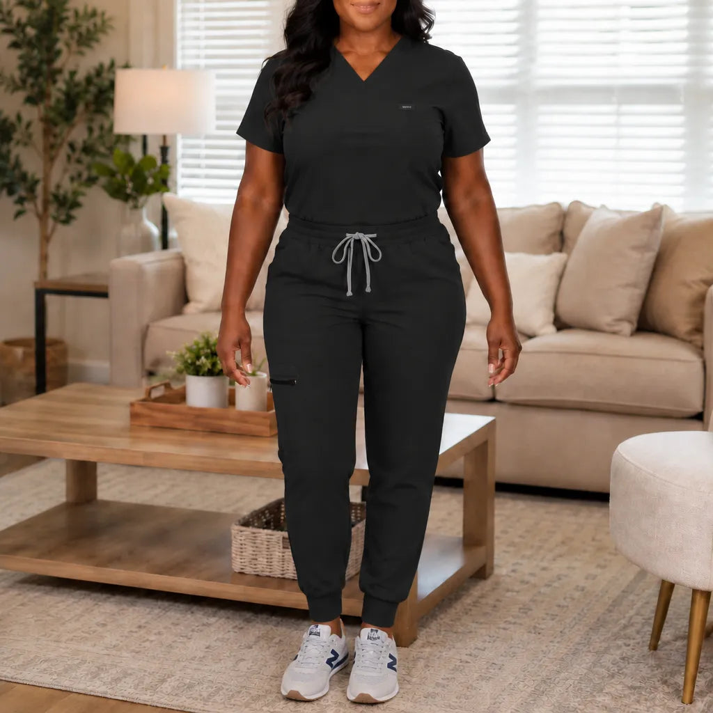 Corelle – V-Neck Jogger Scrub Set with Drawstring Waist and Pockets