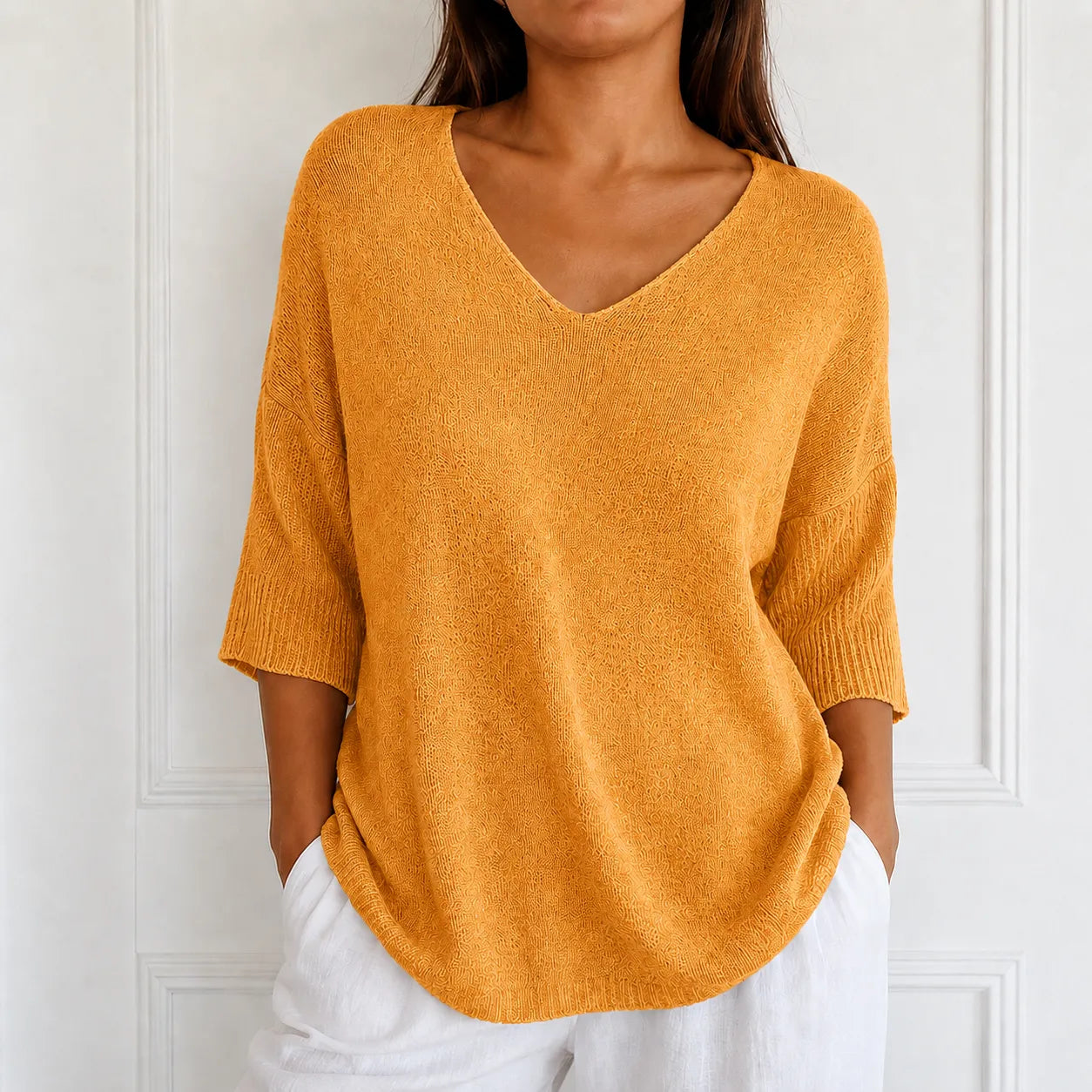 Elowyn – Soft V-Neck Knit Tunic Top for Women, Loose Drape