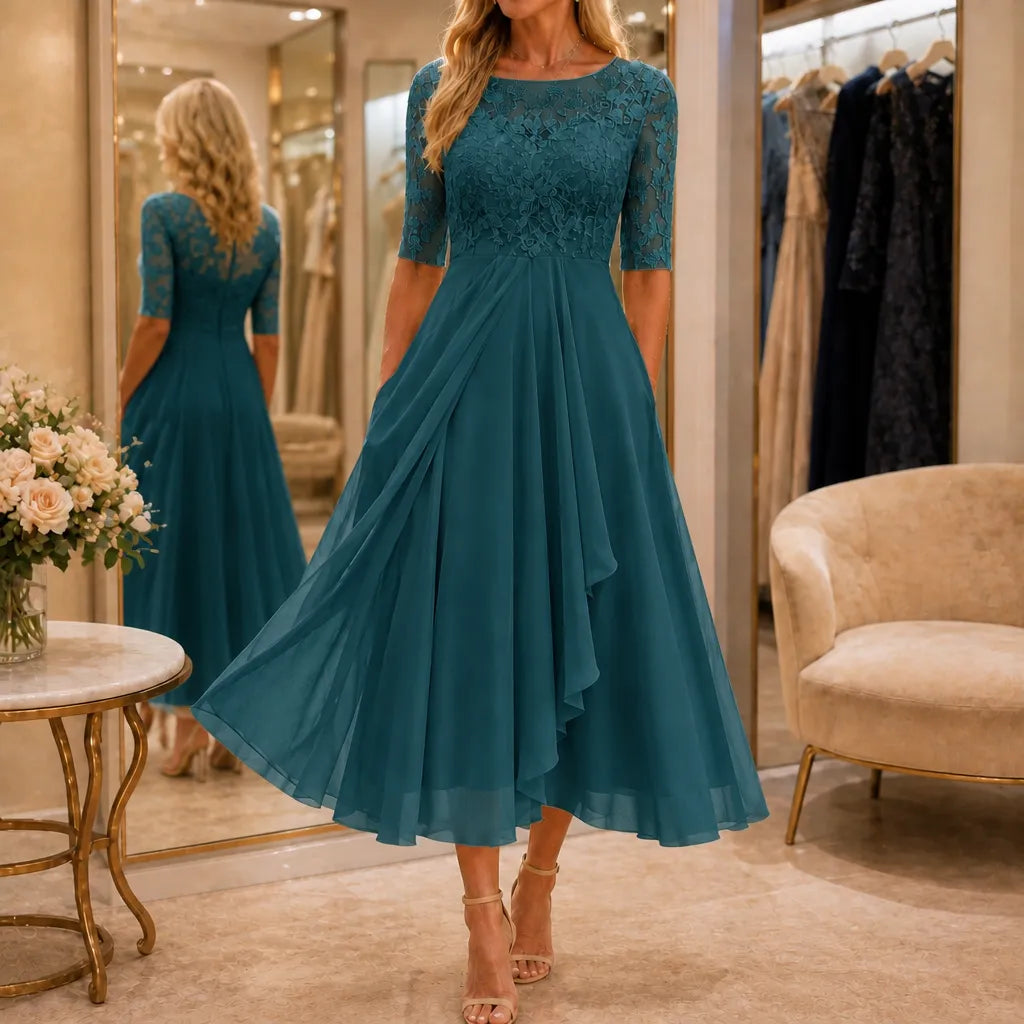 Elarose – Embroidered Lace Bodice Midi Dress for Weddings