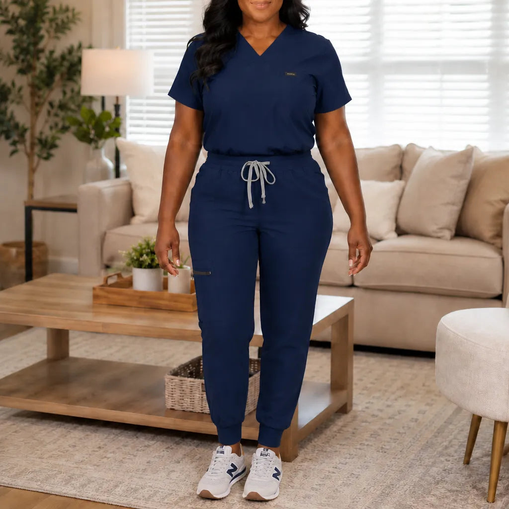 Corelle – V-Neck Jogger Scrub Set with Drawstring Waist and Pockets