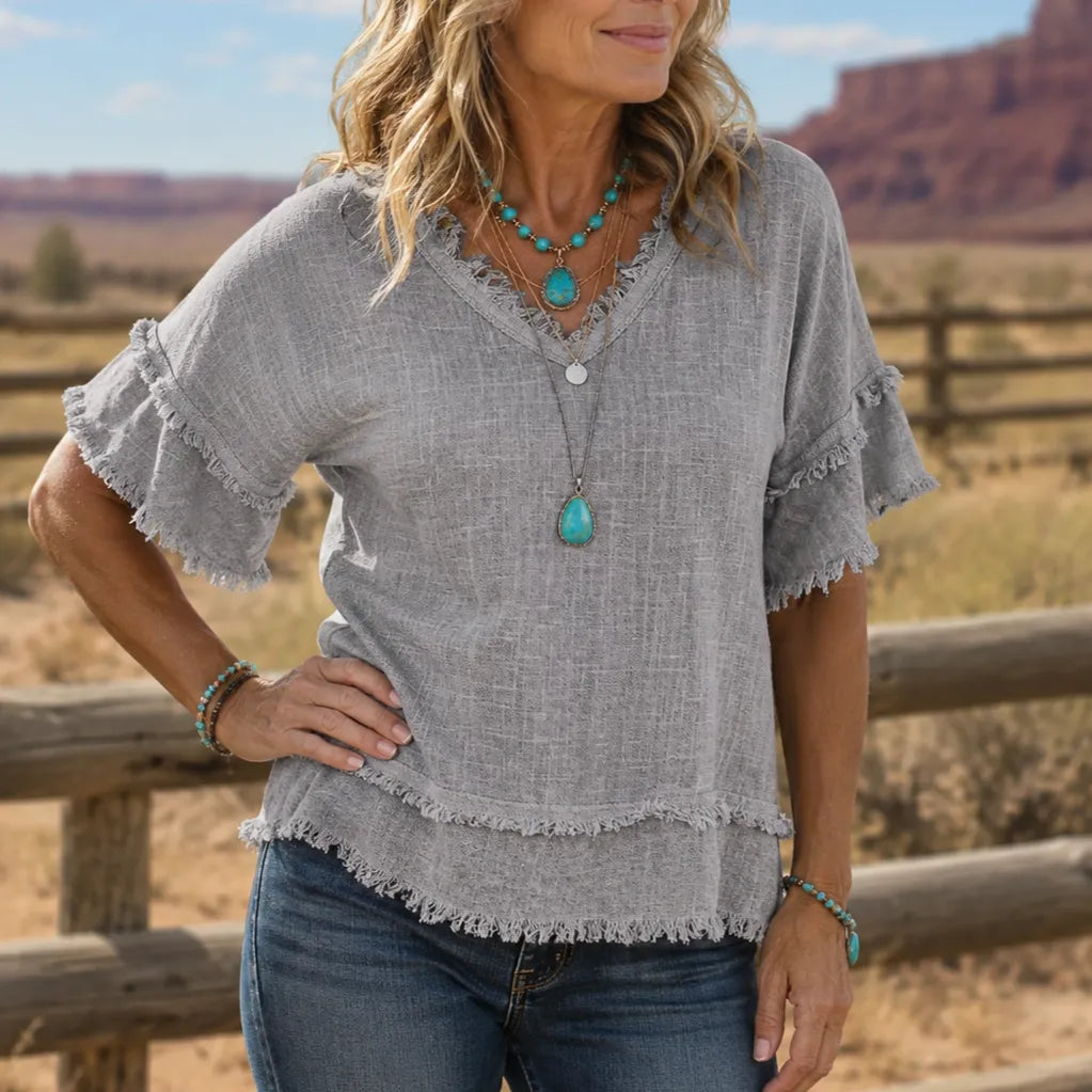 Lorelei – Boho Frayed-Trim V-Neck Tee for Women, Loose Tummy-Hiding Fit